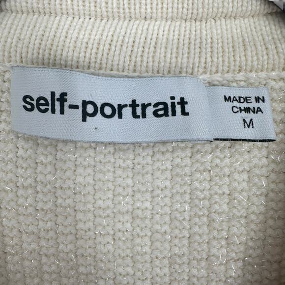 Self-Portrait Embellished Ivory Metallic Braided Knit Cardigan Sweater Sz Medium - Picture 7 of 14